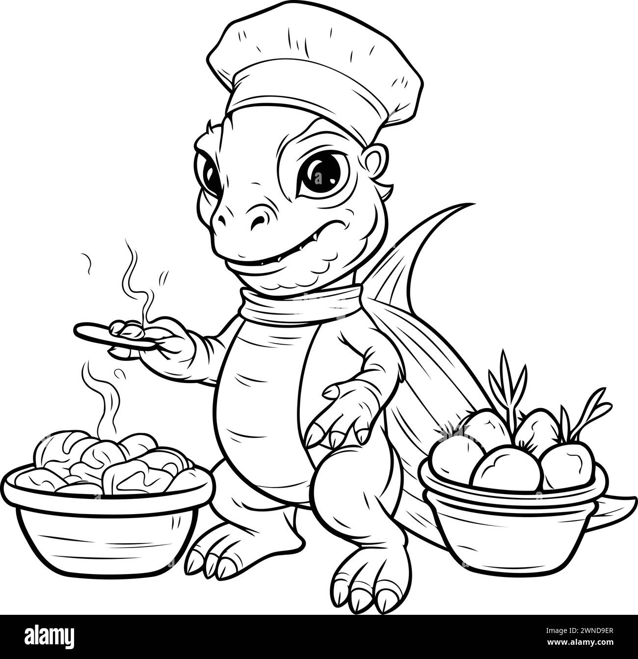 Turtle chef with bowl of vegetables. Coloring book for kids Stock Vector
