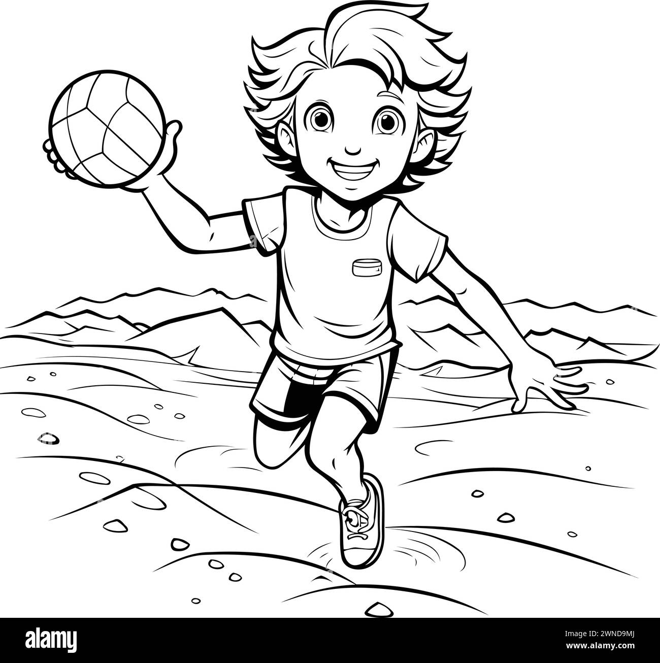 Boy playing beach volleyball. Black and white vector illustration for