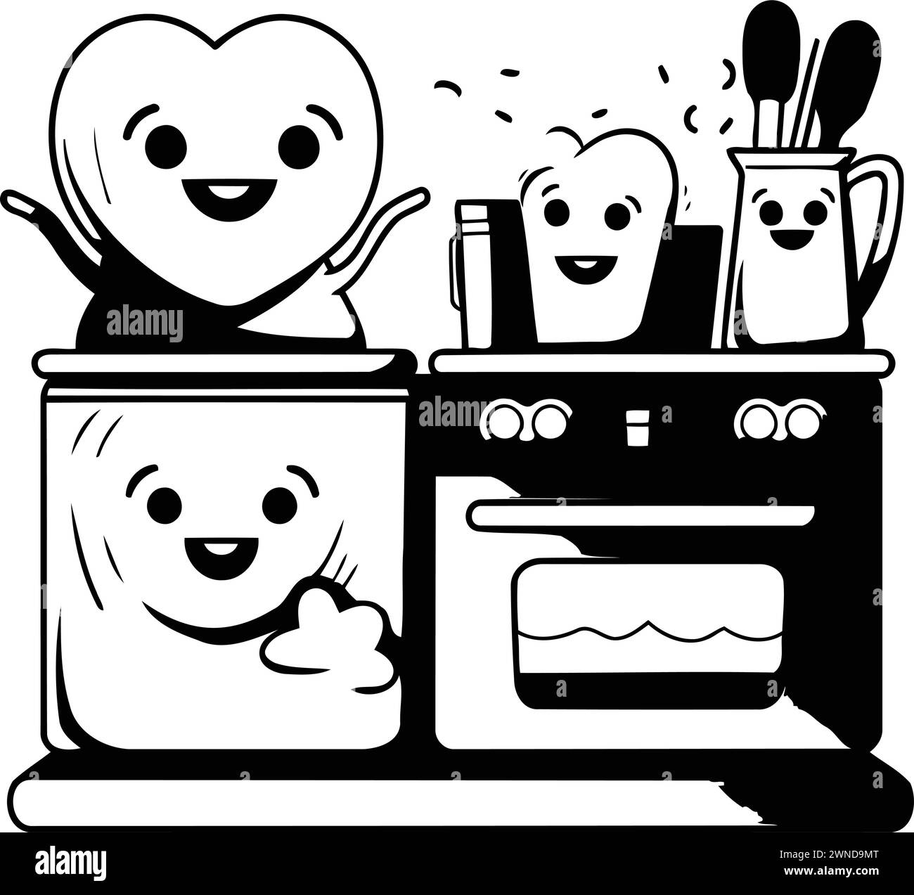 Cute and funny food in the kitchen. Black and white vector illustration. Stock Vector