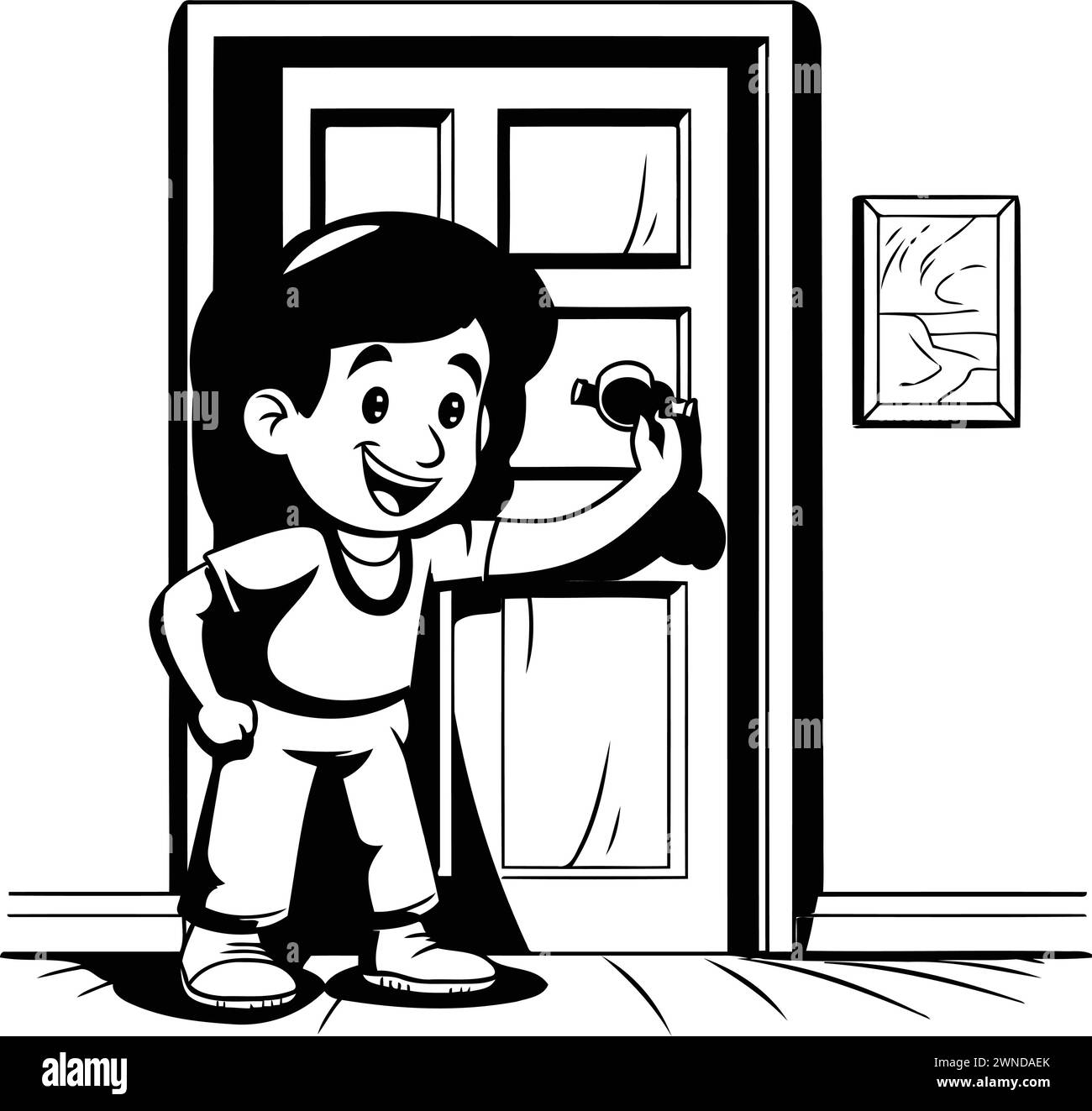 Kid boy cartoon in front of door with handle vector illustration ...