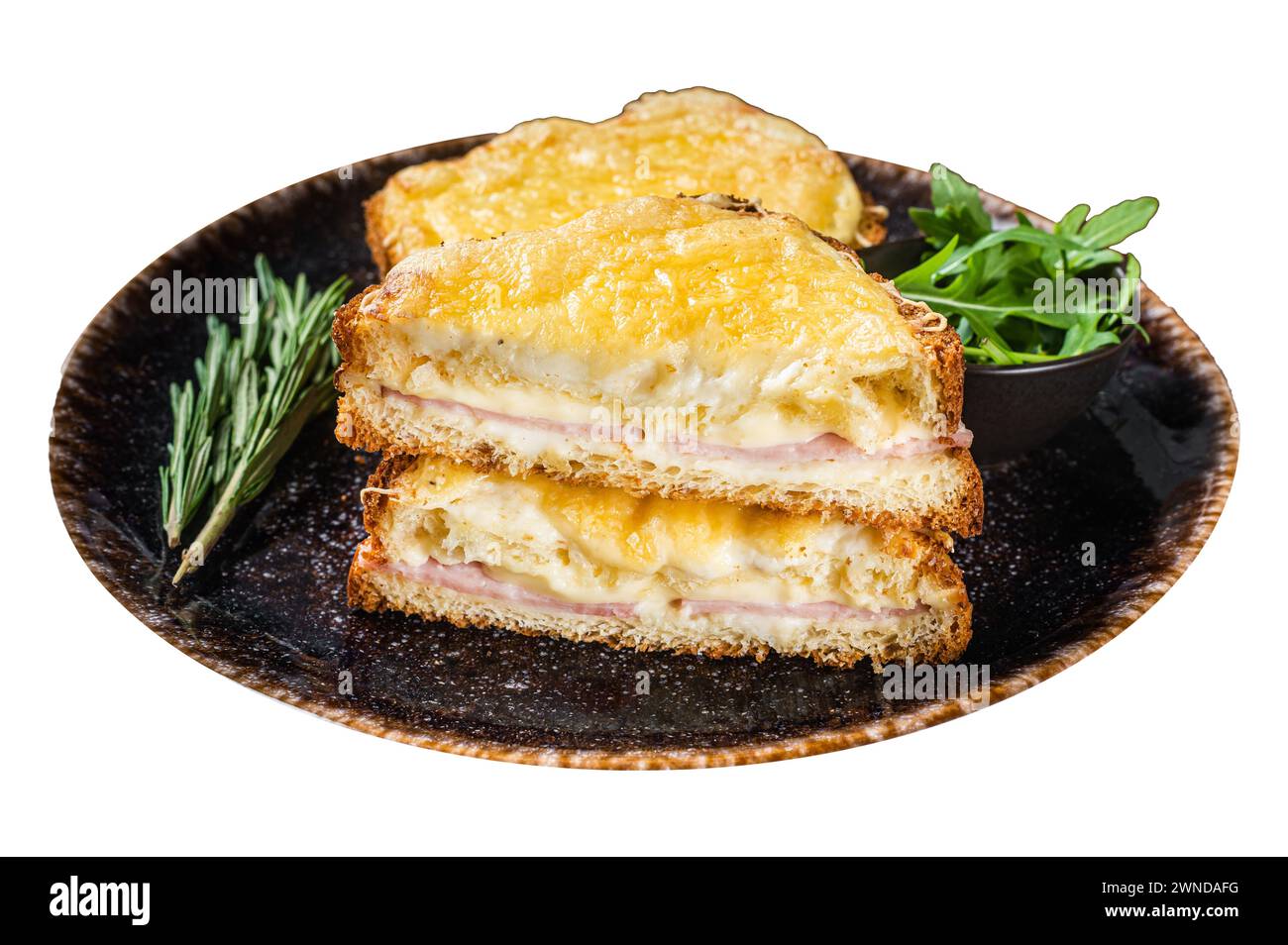 Croque Monsieur toasted sandwich with Cheese, Ham, Gruyere and Bechamel Sauce. Isolated on white background. Top view Stock Photo