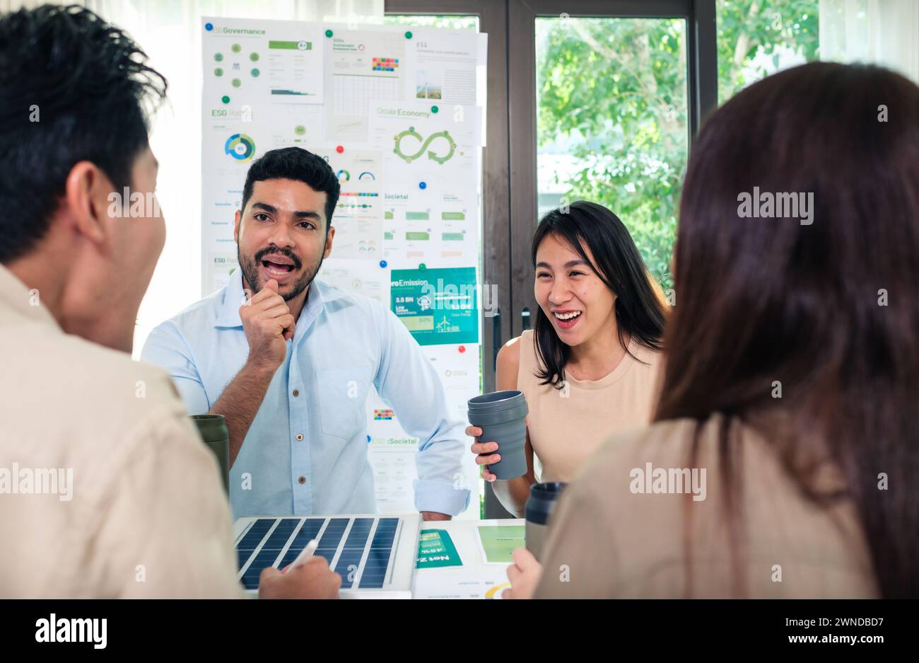 diversity business team discussion esg (environment,social ,governace)  and eco friendly with relax emotion in green office Stock Photo