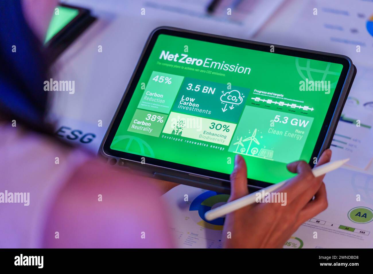 woman  analysis  net zero emission data on tablet screen in office  at night Stock Photo