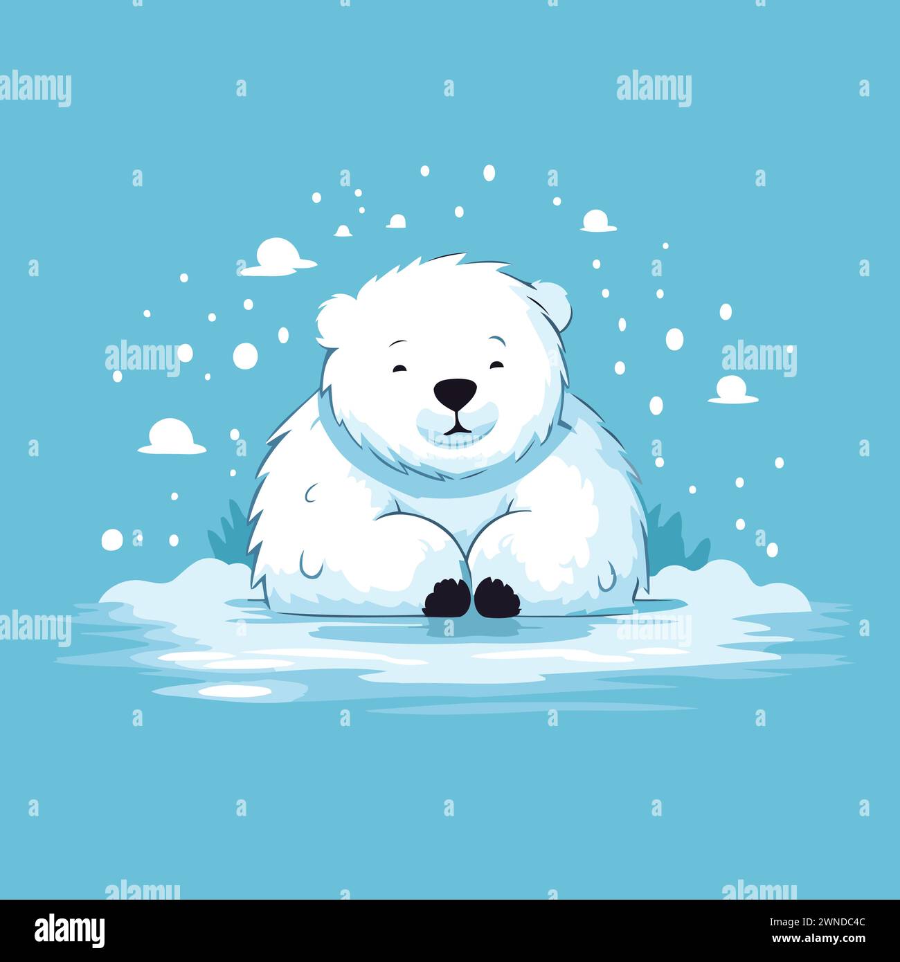 Cute cartoon polar bear sitting in the snow. Vector illustration. Stock Vector