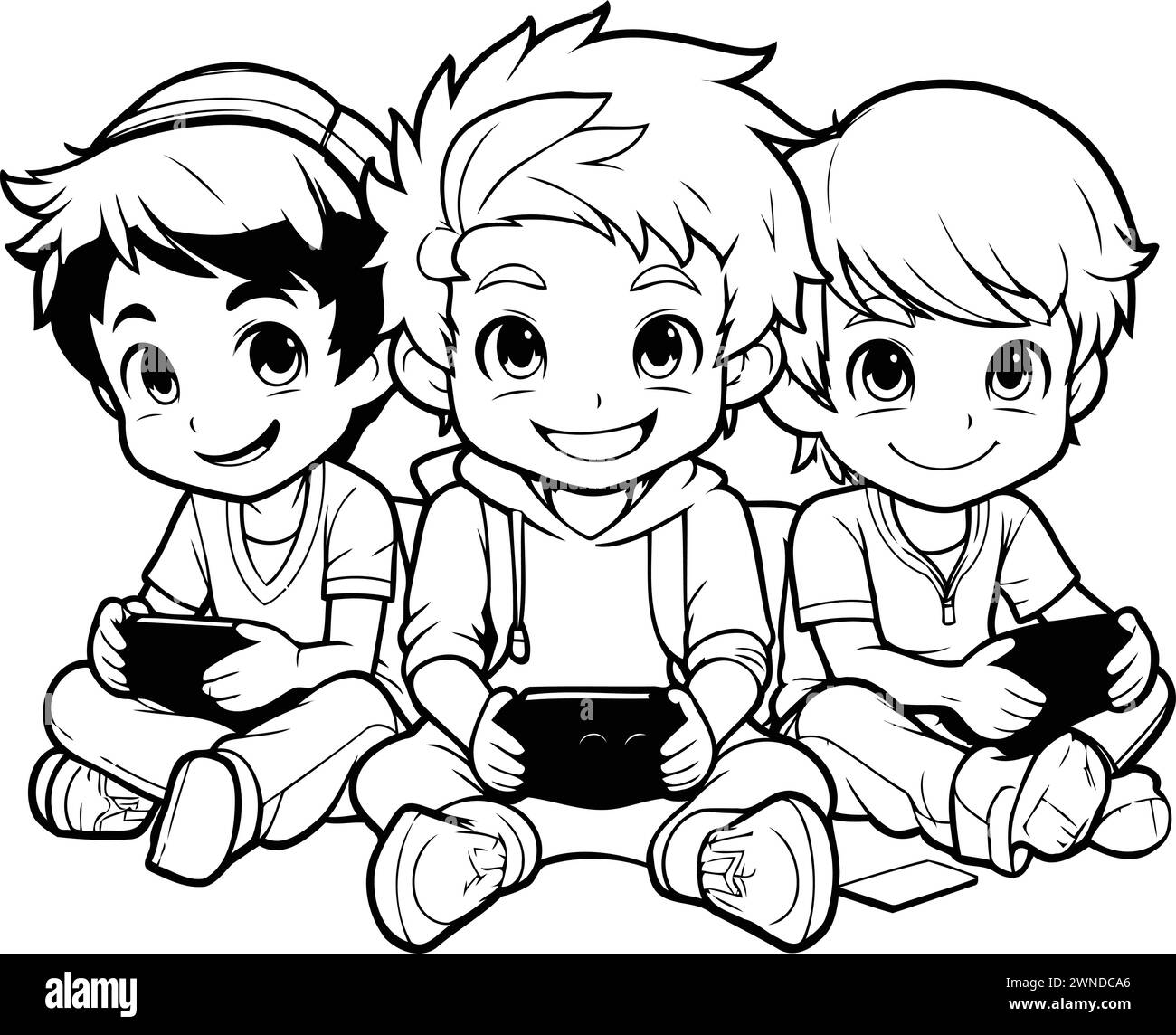 Children playing games on mobile phones. Black and white vector
