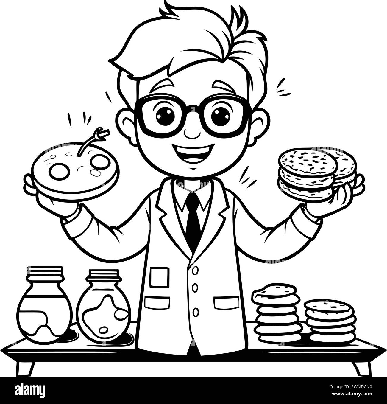Black and White Cartoon Illustration of Funny Scientist or Professor Holding Donut and Glasses for Coloring Book Stock Vector
