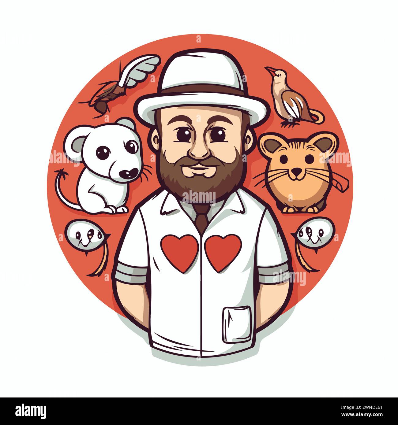 Vector illustration of a cartoon doctor with a beard and mustache wearing a white coat and a hat with a set of animals. Stock Vector