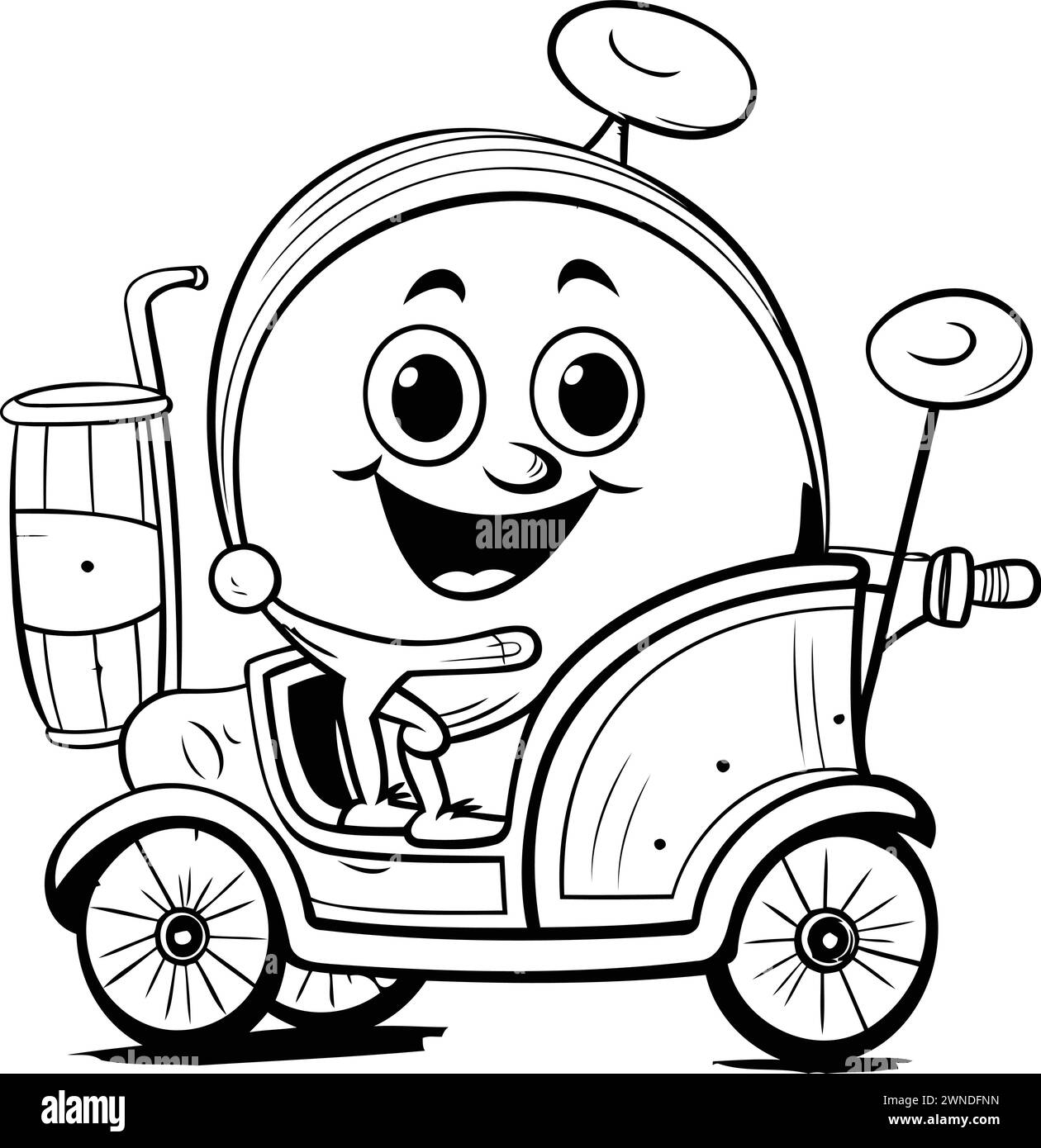 Black and White Cartoon Illustration of a Golf Car with Golf Bag Stock