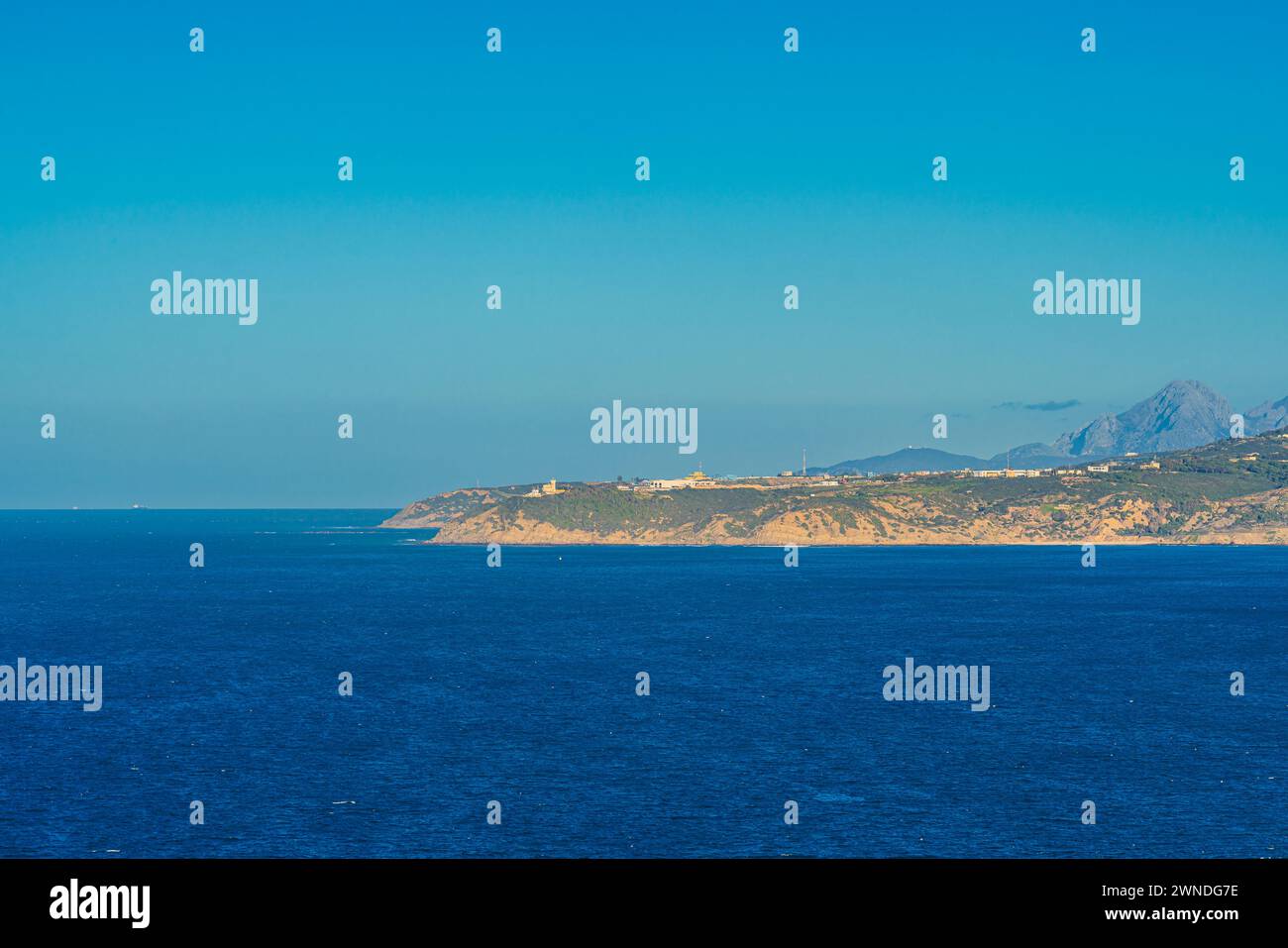 Scenic view of the African side of the Strait of Gibraltar featuring the Cap Malabata in Tanger, Morocco Stock Photo