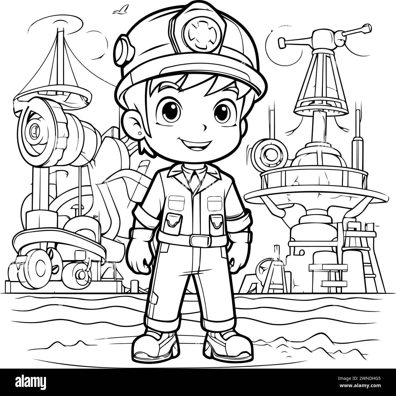 Coloring Page Outline Of cartoon firefighter on construction site. Vector illustration. Stock Vector