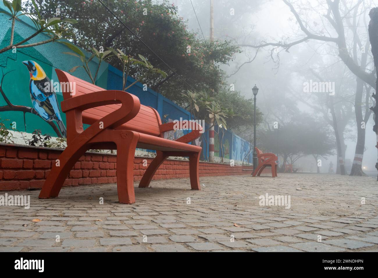 Deserted Rajpur Road: Empty Park Beach Footpath in Dehradun City, Uttarakhand, India, During Winter Mornings with Fog and Cold Winds Stock Photo