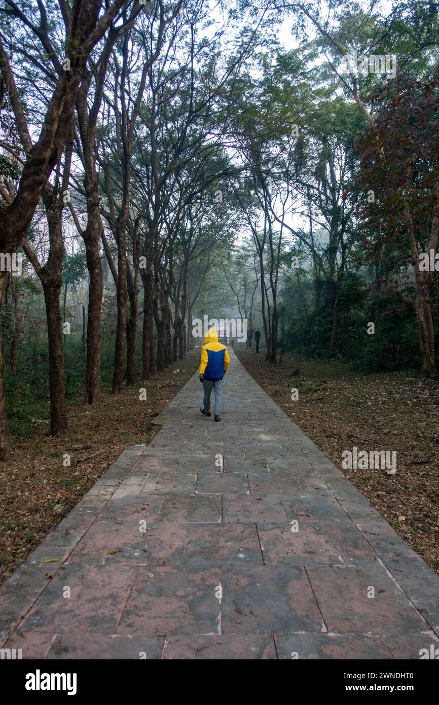 Jan.11th 2024, Uttarakhand India. Winter Morning Stroll: Alone, Man Wearing Outdoor Jacket, Enjoying Nature Garden in Dehradun City, Uttarakhand, Indi Stock Photo