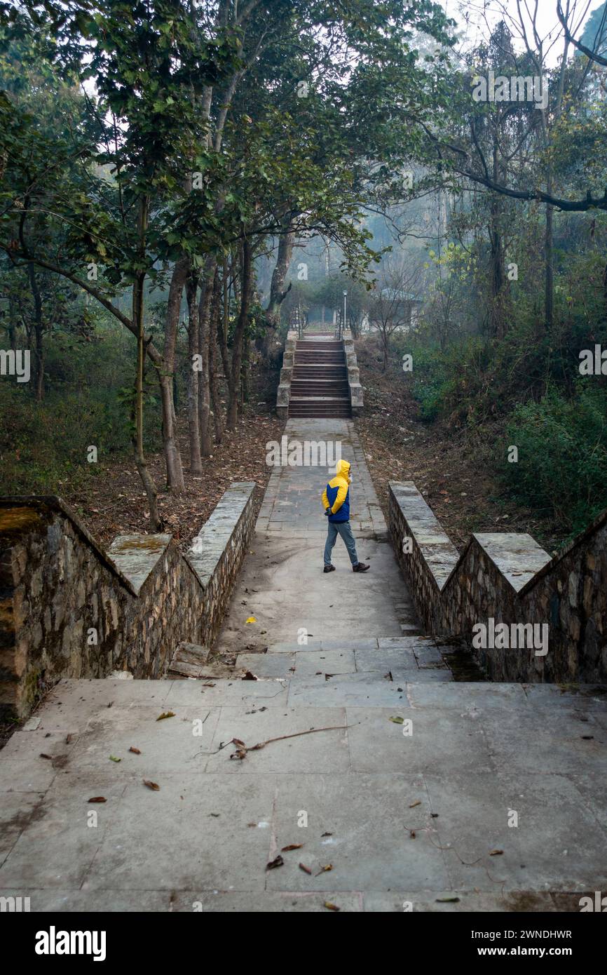 Jan.11th 2024, Uttarakhand India. Winter Morning Stroll: Alone, Man Wearing Outdoor Jacket, Enjoying Nature Garden in Dehradun City, Uttarakhand, Indi Stock Photo