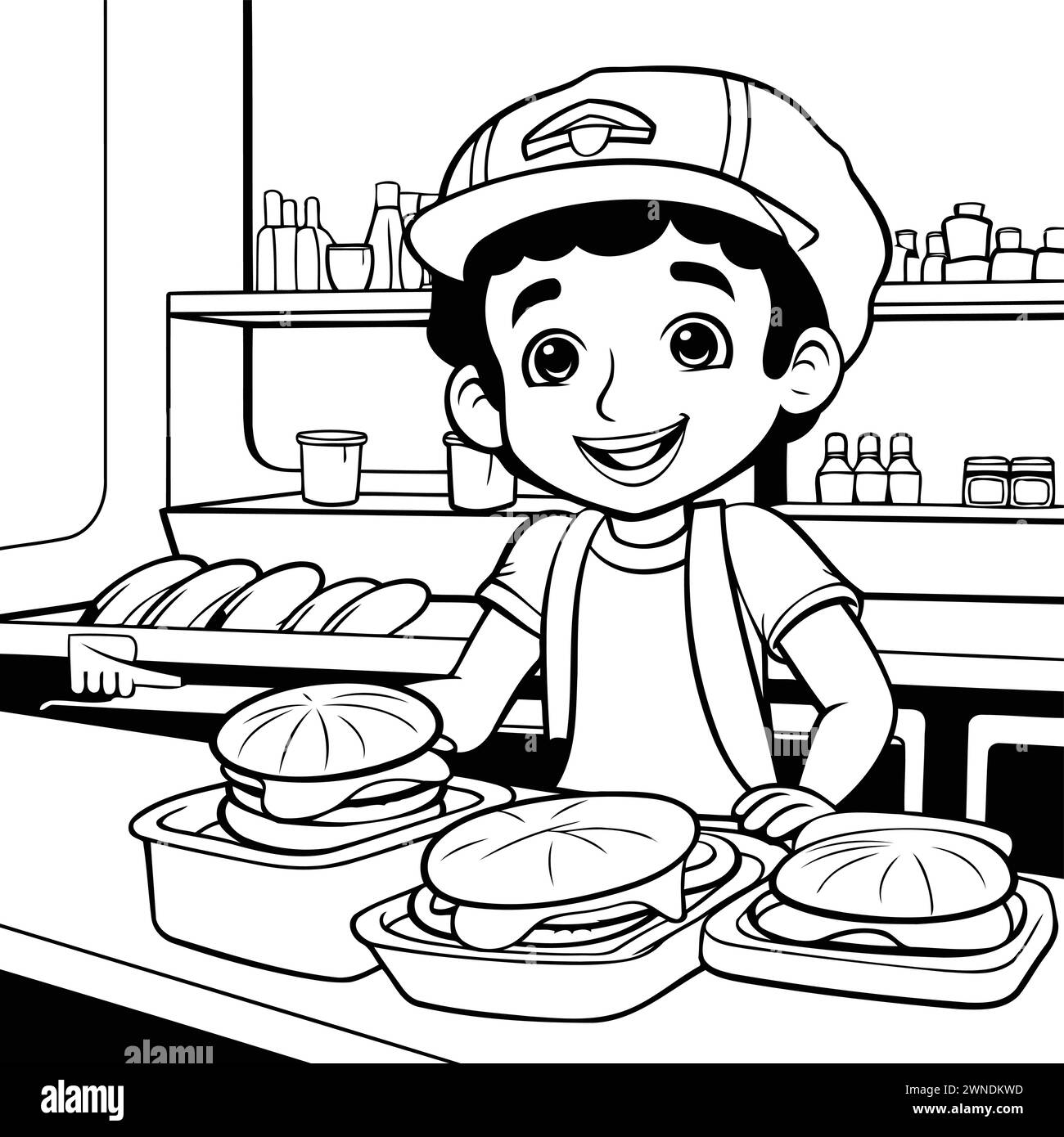 Boy cooking food in the kitchen black and white vector illustration graphic design Stock Vector