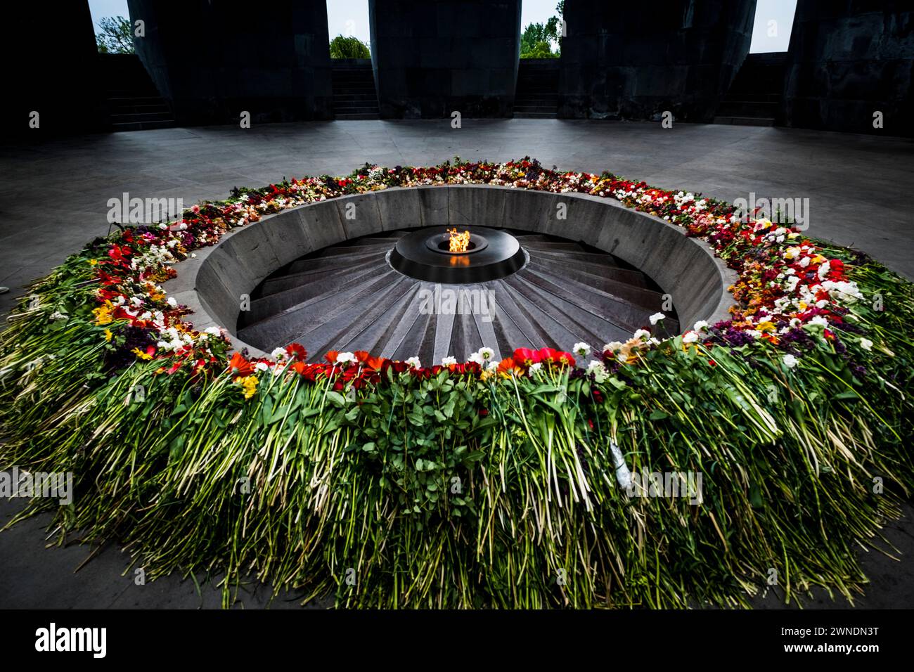 Eternal flame in the Tsitsernakaberd memorial monument of the Armenian Genocide. Yerevan, Armenia, Caucaus, Eurasia. Stock Photo