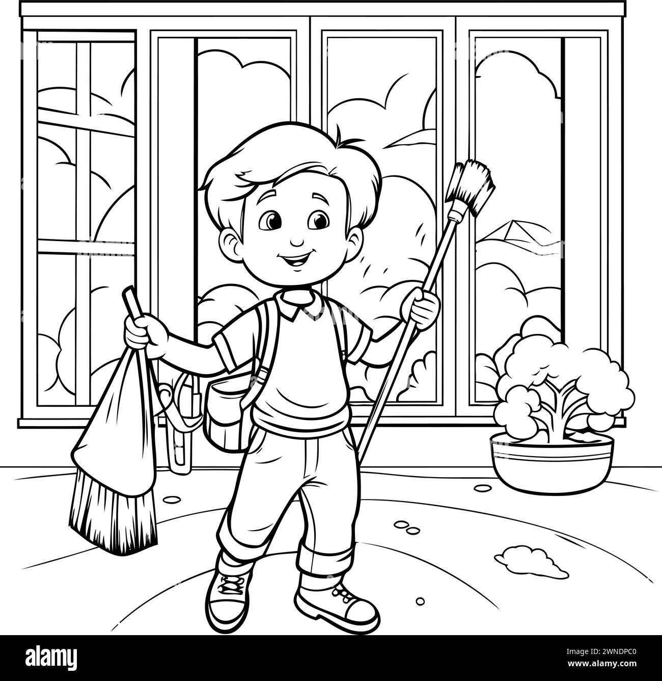 Boy cartoon cleaning the window. Black and white vector illustration ...