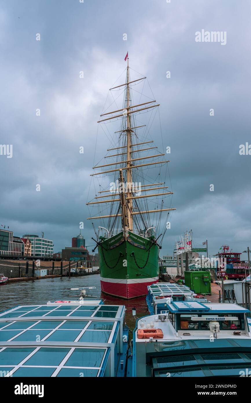 View of the sailing ship Rickmer Rickmers in Hamburg. Stock Photo