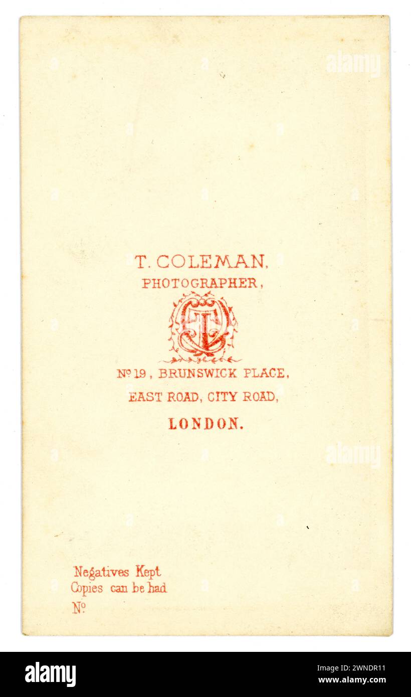 Reverse of original Victorian Carte de Visite (visiting card or CDV) circa 1864 from photographic studio of Coleman of No 19 Brunswick Place, East Rd, London Stock Photo