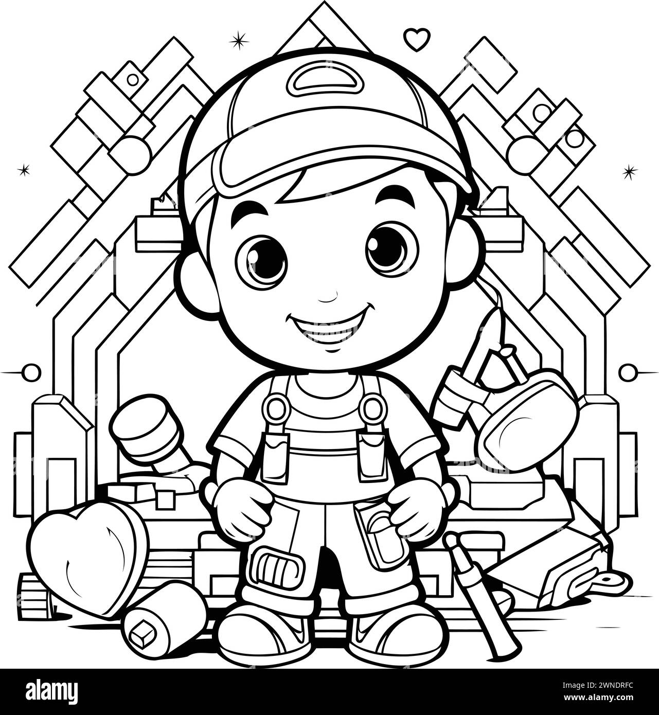 Black and White Cartoon Illustration of Cute Little Boy Builder or Constructor Character for Coloring Book Stock Vector
