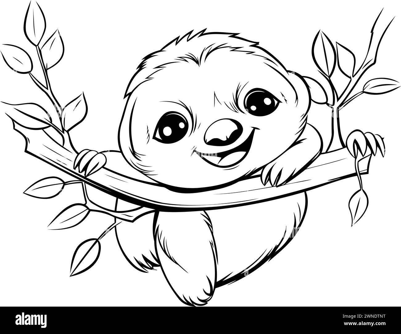 Cute cartoon sloth on a tree branch. Vector illustration Stock Vector