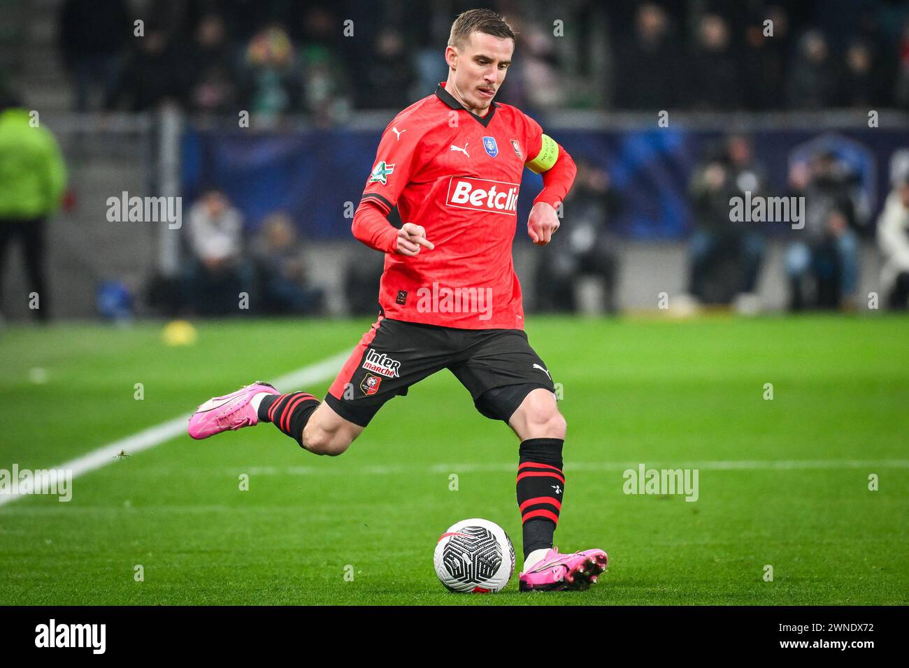 Saint-Etienne, France, France. 29th Feb, 2024. Benjamin BOURIGEAUD of Rennes during the French Cup match between Le Puy Foot 43 Auvergne and Stade Rennais (Rennes) at Geoffroy Guichard Stadium on February 29, 2024 in Saint-Etienne, France. (Credit Image: © Matthieu Mirville/ZUMA Press Wire) EDITORIAL USAGE ONLY! Not for Commercial USAGE! Stock Photo