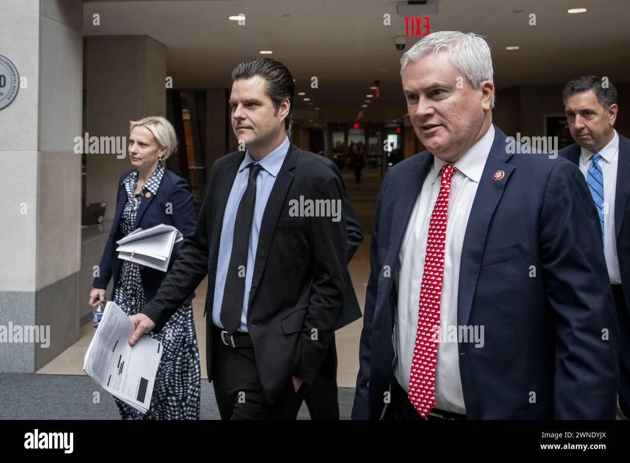 From left to right: United States Representative Victoria Spartz (Republican of Indiana), US Representative Matt Gaetz (Republican of Florida), and US Representative James Comer (Republican of Kentucky), Chair, US House Committee on Oversight and Accountability, right, depart the US House Committee on Oversight, Judiciary, and Ways & Means impeachment inquiry against United States President Joe Biden at the Thomas P. O'Neill Jr. House Office Building in Washington, DC, Tuesday, January 30, 2024. Credit: Rod Lamkey/CNP/Sipa USA for NY Post (RESTRICTION: NO Daily Mail. NO New York or New Jers Stock Photo