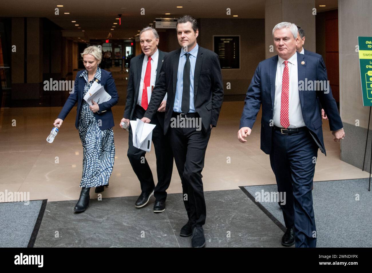 From left to right: United States Representative Victoria Spartz (Republican of Indiana), US Representative Andy Biggs (Republican of Arizona), US Representative Matt Gaetz (Republican of Florida), and US Representative James Comer (Republican of Kentucky), Chair, US House Committee on Oversight and Accountability, right, depart the US House Committee on Oversight, Judiciary, and Ways & Means impeachment inquiry against United States President Joe Biden at the Thomas P. O'Neill Jr. House Office Building in Washington, DC, Tuesday, January 30, 2024. Credit: Rod Lamkey/CNP/Sipa USA for NY Pos Stock Photo