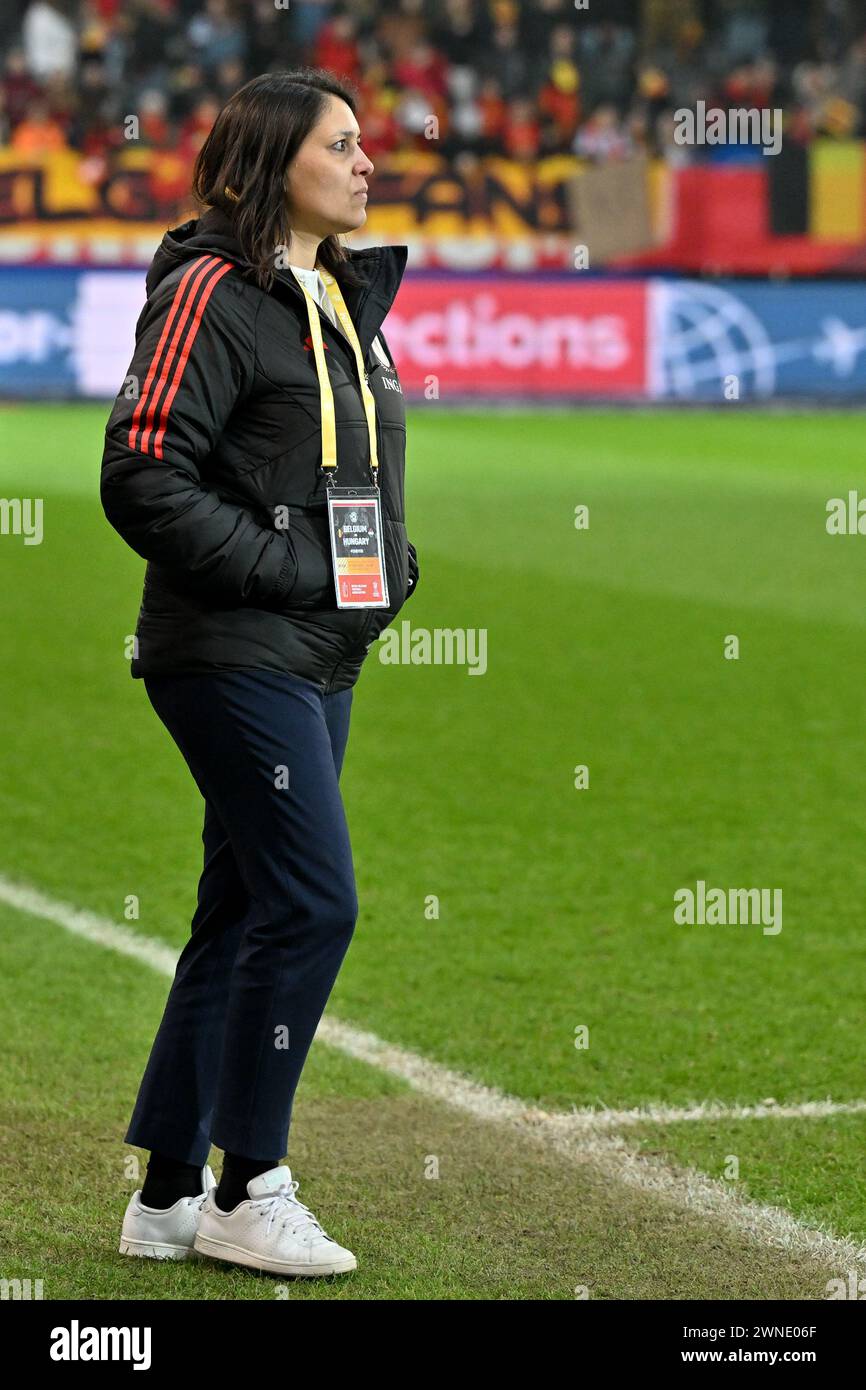 Women’s football Manager Katrien Jans pictured during a game between the national teams of Belgium, called the Red Flames and Hungary  in the promotion / relegation between Group A & B , first leg game in the 2023-24 UEFA Women's Nations League competition, on Saturday 27 February 2024  in Leuven , BELGIUM . PHOTO SPORTPIX | Dirk Vuylsteke Stock Photo