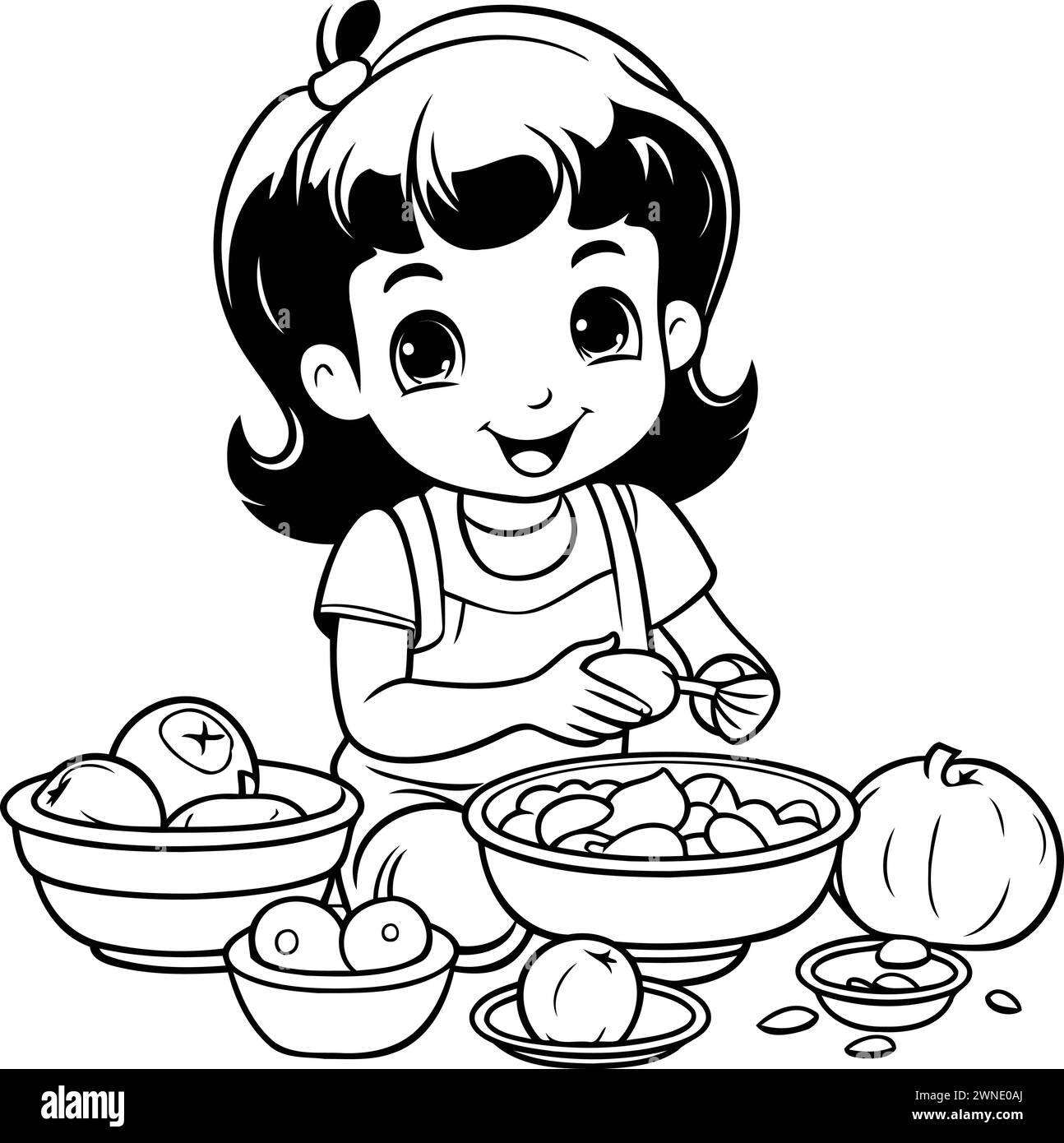 Cute Little Girl Cooking Food - Black and White Cartoon Illustration. Vector Stock Vector