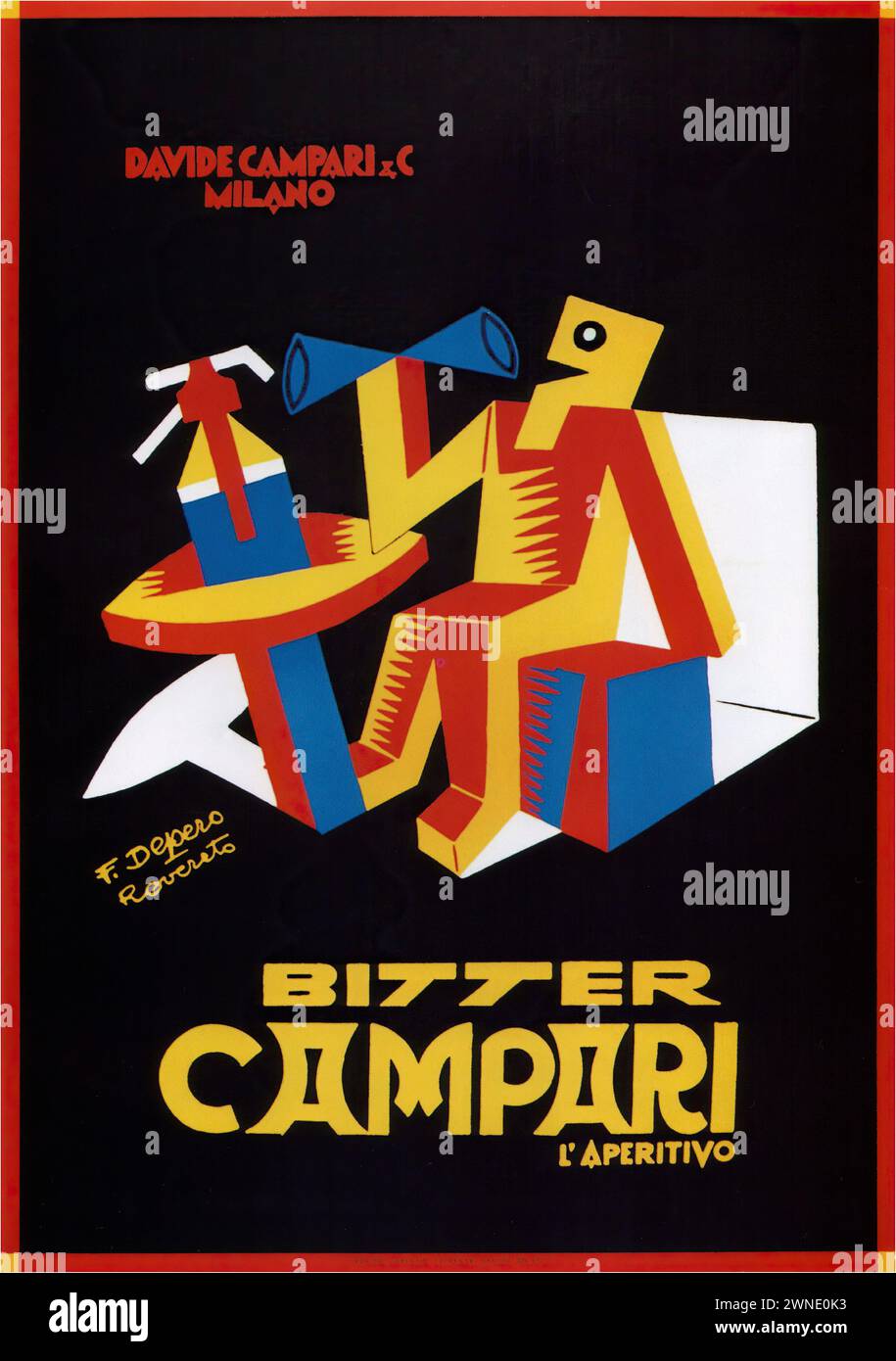 'BITTER CAMPARI L'APERITIVO' ['BITTER CAMPARI THE APERITIF'] Vintage Italian advertising poster by Fortunato Depero, showcasing the Cubist influence with abstract figures enjoying Campari, characterized by bold colors and geometric shapes, reflecting the avant-garde style of the 1920s. Stock Photo