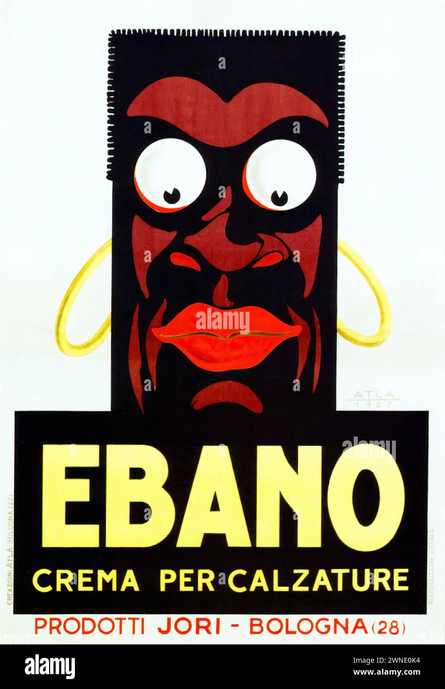 'EBANO CREMA PER CALZATURE PRODOTTI JORI - BOLOGNA (28)' ['EBANO SHOE CREAM PRODUCTS JORI - BOLOGNA (28)'] Vintage Italian Advertising showing a stylized anthropomorphic black shoe polish container with facial features, against a white background. The design reflects the playful and experimental style of the late 1920s graphic design. Stock Photo