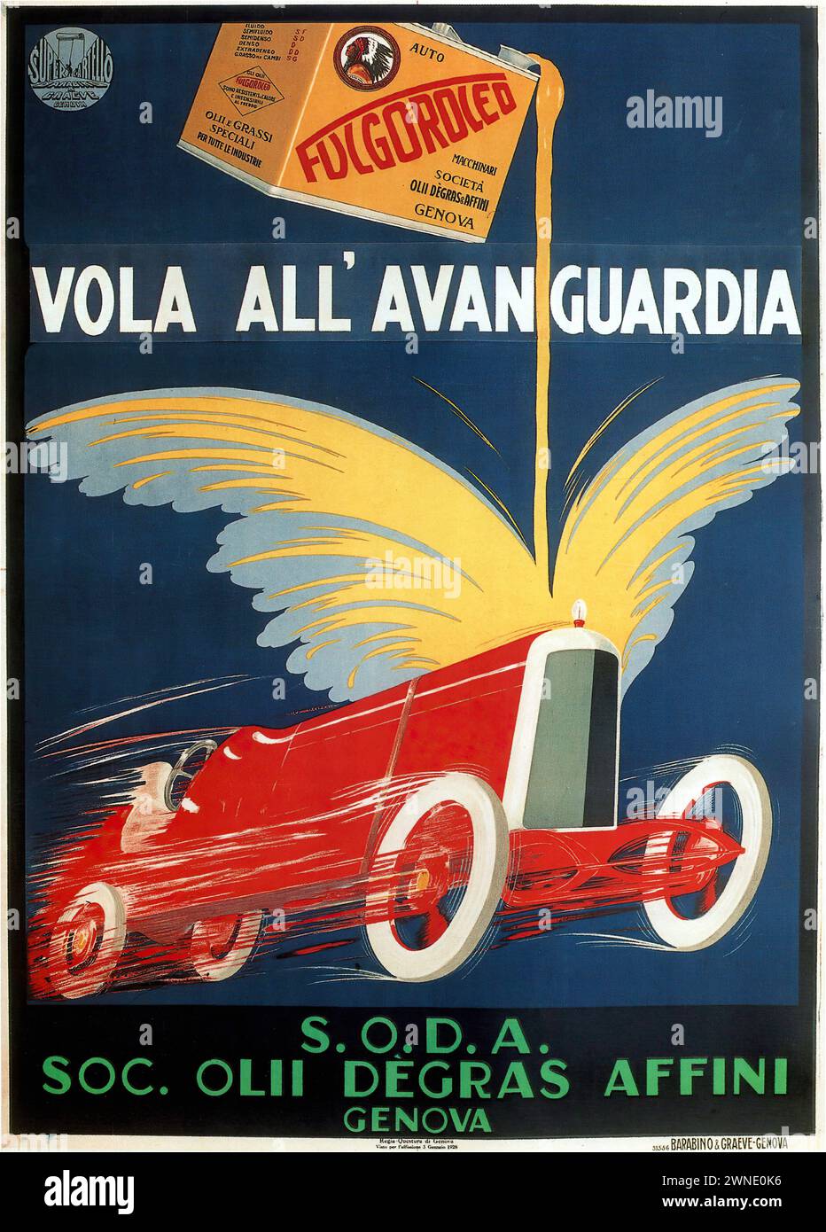 'VOLA ALL' AVANGUARDIA' 'S.O.D.A. SOC. OLI DEGRAS AFFINI GENOVA' [FLY TO THE AVANT-GARDE S.O.D.A. SOC. OILS DEGRAS AFFILIATES GENOA] Vintage Italian advertising poster featuring a stylized red car with a large white candle on the front, symbolizing speed and modernity. The graphic style is reminiscent of the Futurism art movement, emphasizing dynamism and the technological triumph of the early 20th century Stock Photo