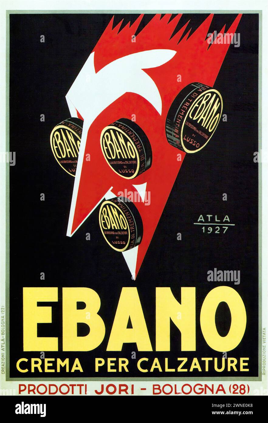 'EBANO CREMA PER CALZATURE PRODOTTI JORI - BOLOGNA (28)' ['EBANO SHOE CREAM PRODUCTS JORI - BOLOGNA (28)'] Vintage Italian Advertising displaying a red and white shoe polish container with a lightning bolt design, suggestive of speed and efficiency. The graphic style is indicative of the Art Deco movement, popular in the 1920s. Stock Photo
