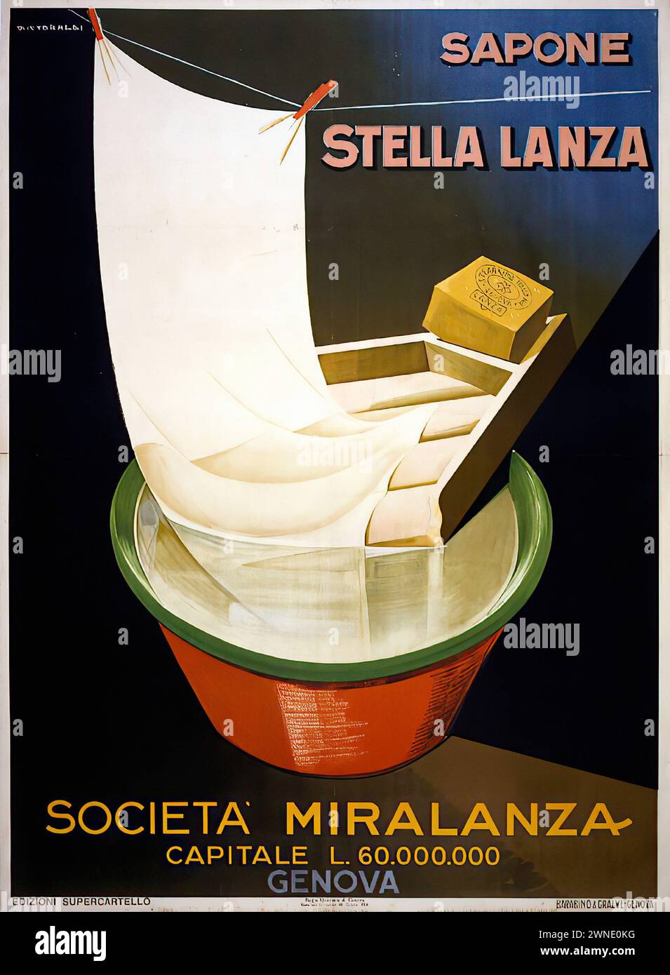 'SAPONE STELLA LANZA SOCIETA MIRALANZA CAPITALE L. 60.000.000 GENOVA' ['STELLA LANZA SOAP SOCIETY MIRALANZA CAPITAL L. 60,000,000 GENOA'] Vintage Italian Advertising depicting an oversized bar of soap breaking through paper, above a green and red container. The background is dark blue, and the text is in bold, uppercase letters. The style is reminiscent of Italian Futurism with its bold colors and dynamic composition Stock Photo