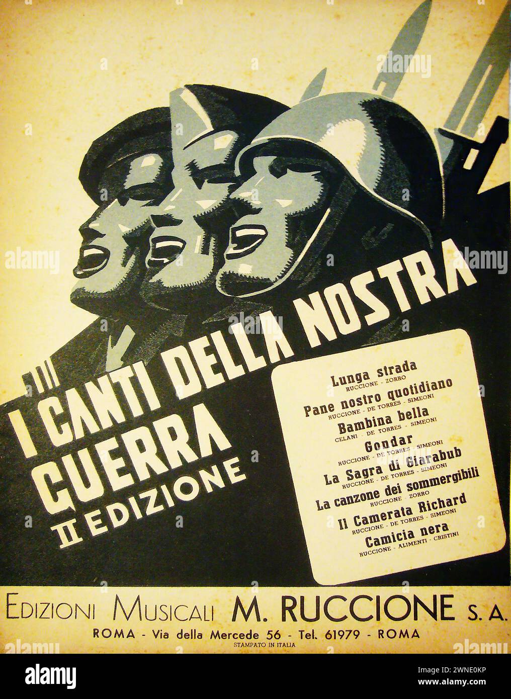 'I CANTI DELLA NOSTRA GUERRA II EDIZIONE' ['THE SONGS OF OUR WAR II EDITION'] Vintage Italian Advertising for music sheets with three male faces in profile, singing, against a background of music notes and bayonets. The design is stark and propagandistic, typical of mid-20th century wartime graphics Stock Photo