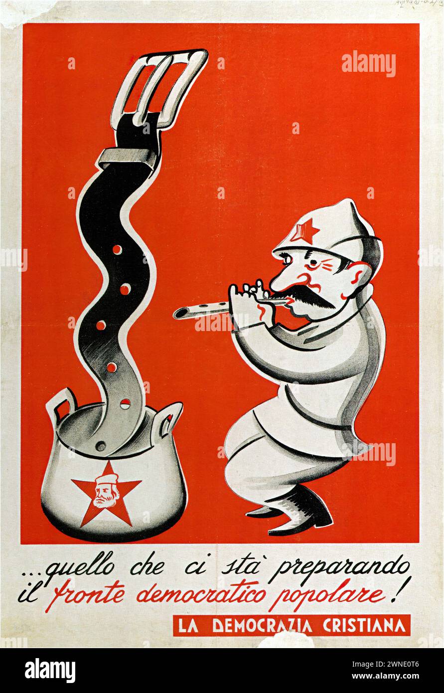 '...quello che ci sta preparando il fronte democratico popolare! LA DEMOCRAZIA CRISTIANA' ['...what the popular democratic front is preparing for us! CHRISTIAN DEMOCRACY'] Vintage Italian Advertising depicting a caricatured figure blowing into a teapot with a star and a caricature of a man on it, symbolizing political messaging. The style is satirical and employs a strong, simple color contrast. Stock Photo