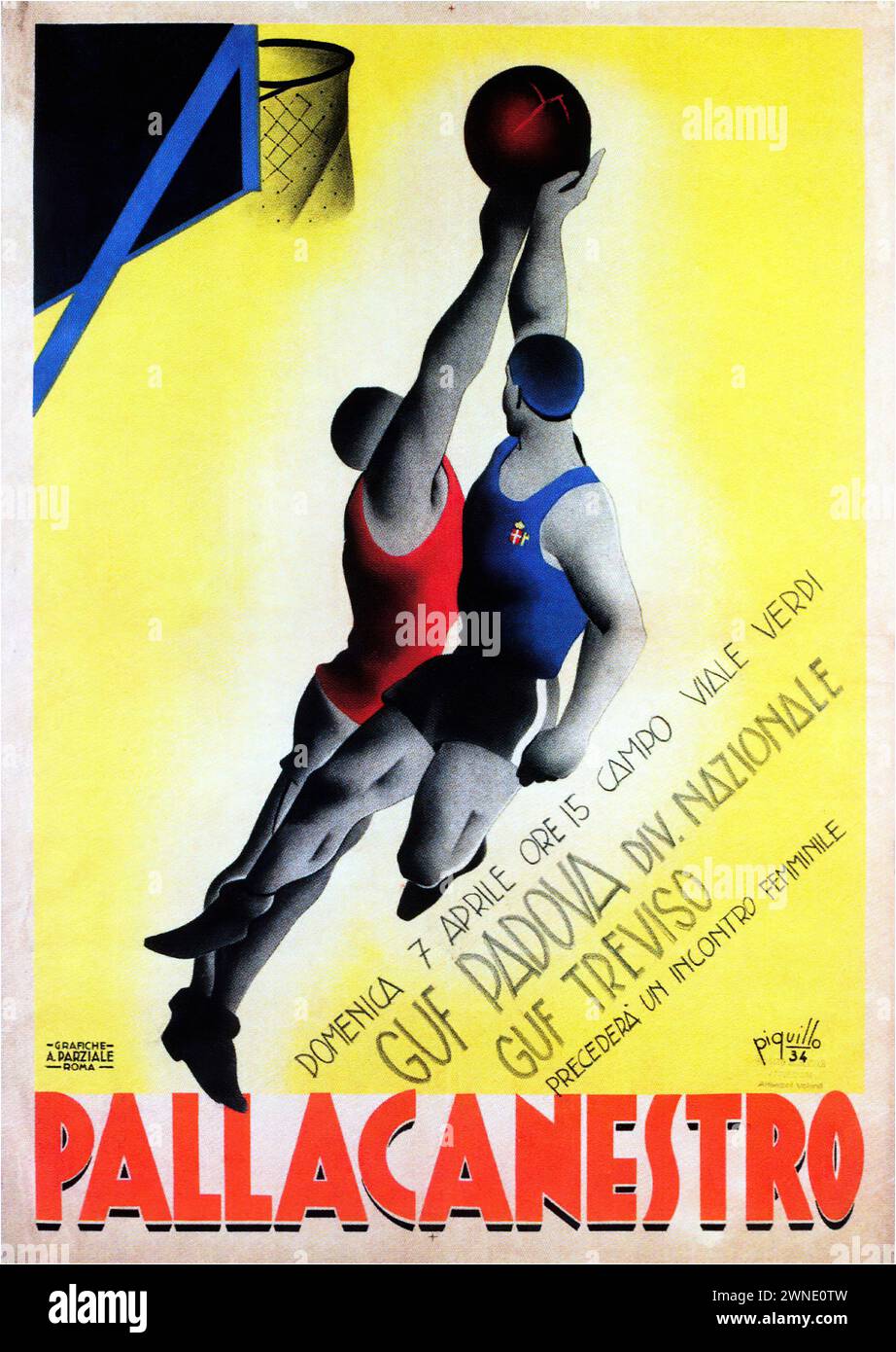 'PALLACANESTRO' ['BASKETBALL'] Vintage Italian Advertising poster for a basketball game featuring dynamic figures of players in action. The artwork is vibrant with a sense of movement, characteristic of sports advertisements of the time. Stock Photo