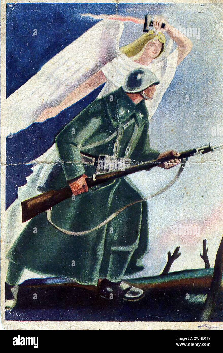 'LO' ['IT'] A World War II Italian propaganda card showing a soldier with an angelic figure above him, against a blue background with a white sword. The style is dramatic and heroic, with a focus on the patriotic and spiritual support for the soldier, indicative of wartime propaganda. Stock Photo