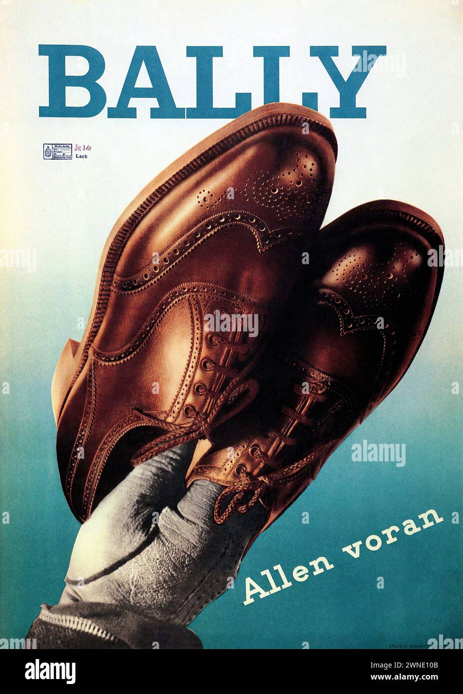 'BALLY Allen voran' ['BALLY All ahead'] Vintage Advertising. The image shows a pair of Bally shoes, with the focus on the detail and craftsmanship. The background is a cool blue, with a modernist style and clean lines indicative of the 1930s advertising. Stock Photo