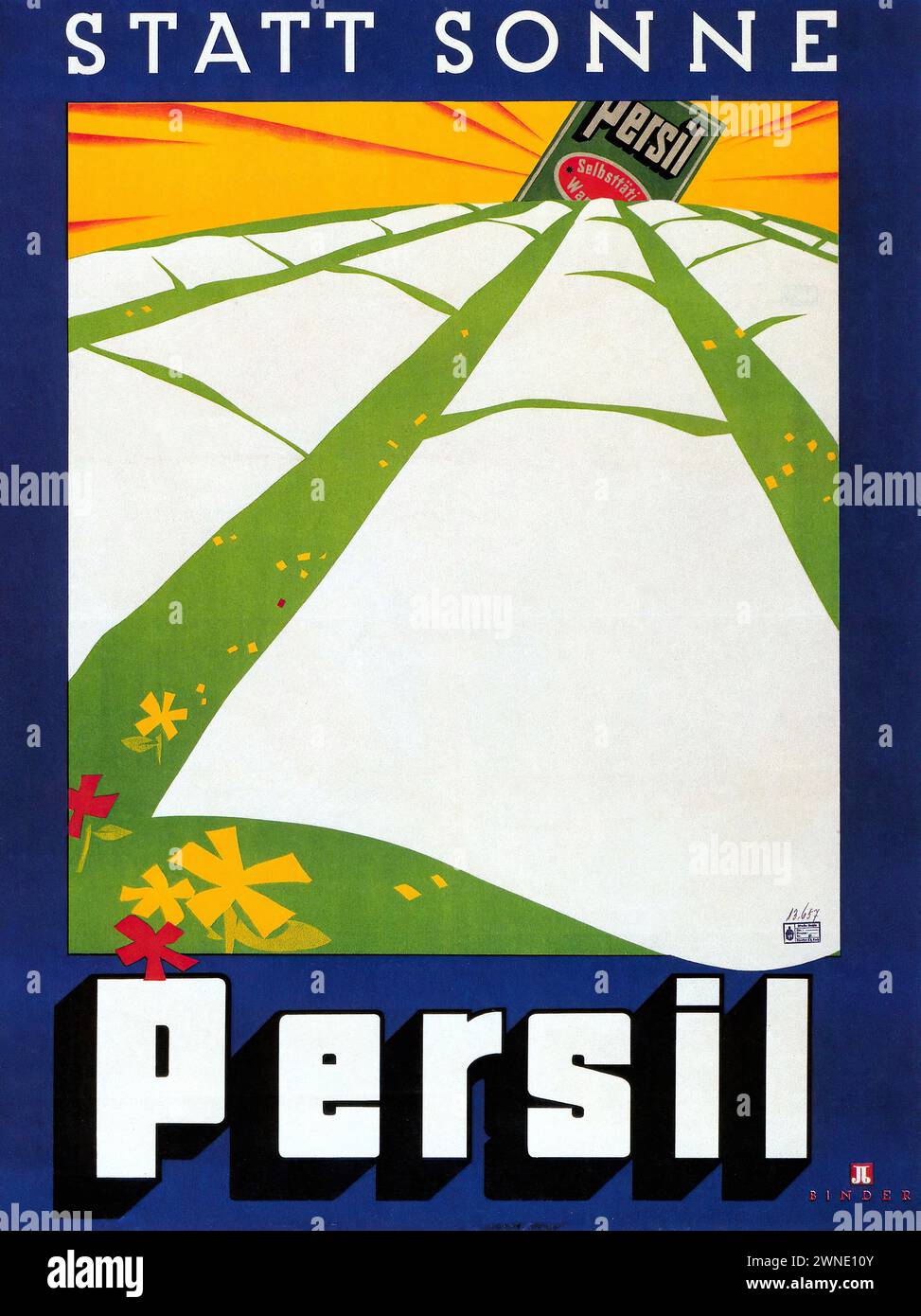 'STATT SONNE PERSIL' ['INSTEAD OF SUN, PERSIL'] Vintage Advertising. This image portrays roads converging towards a shining Persil package with a backdrop of a sunlit sky. The use of perspective and simplified forms aligns with the Art Deco graphic style. Stock Photo