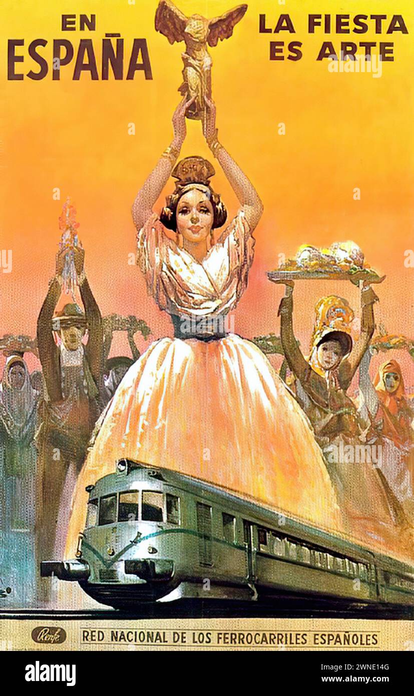 'EN ESPANA LA FIESTA ES ARTE RED NACIONAL DE LOS FERROCARRILES ESPANOLES' ['IN SPAIN THE FESTIVAL IS ART NATIONAL NETWORK OF SPANISH RAILWAYS'] Vintage Advertising featuring a flamenco dancer with a train, showcasing the artistry of Spanish festivals in a vibrant and colorful illustration. Stock Photo