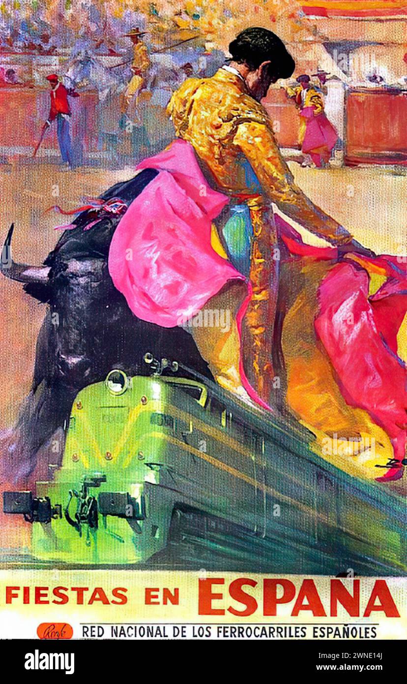 'FIESTAS EN ESPANA RED NACIONAL DE LOS FERROCARRILES ESPANOLES' ['FESTIVALS IN SPAIN NATIONAL NETWORK OF SPANISH RAILWAYS'] Vintage Advertising depicting a bullfighter and a bull with a train, using a painterly style to evoke the cultural vibrancy of Spain. Stock Photo