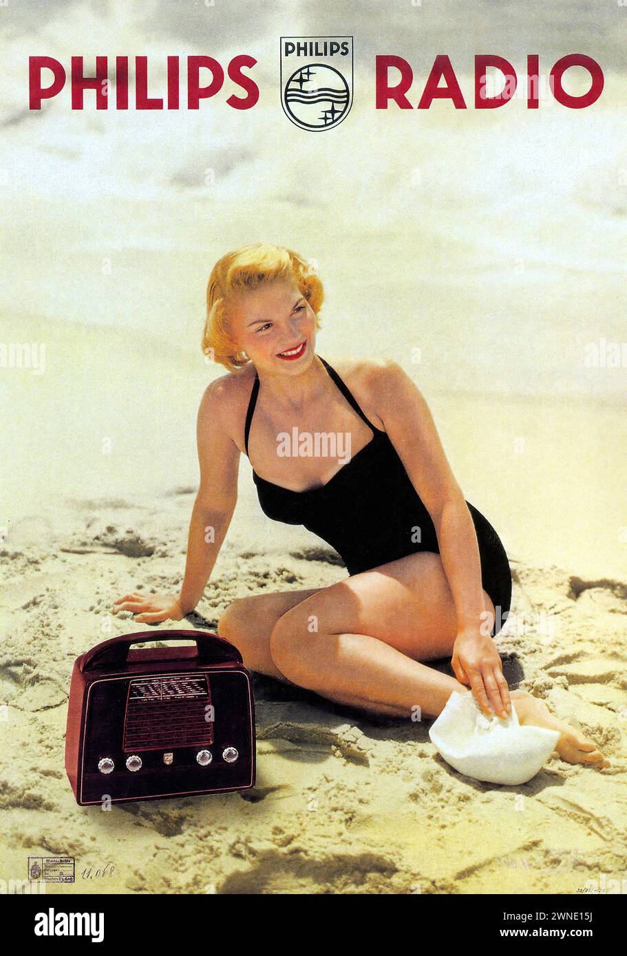 Vintage Advertising showing a cheerful woman in a swimsuit sitting on a beach with a Philips radio by her side. The scene exudes a sense of relaxation and leisure, emphasizing the portability and lifestyle associated with the product. The image is a photograph, which gives it a sense of immediacy and realism, typical of mid-20th-century advertising. Stock Photo