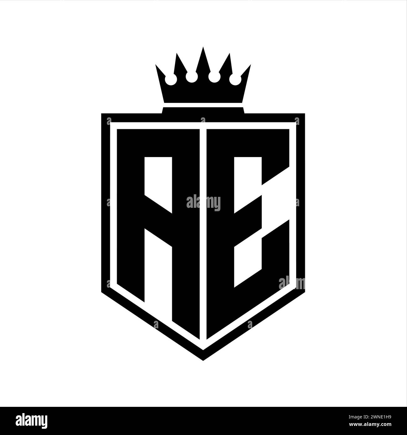 AE Letter Logo monogram bold shield geometric shape with crown outline ...