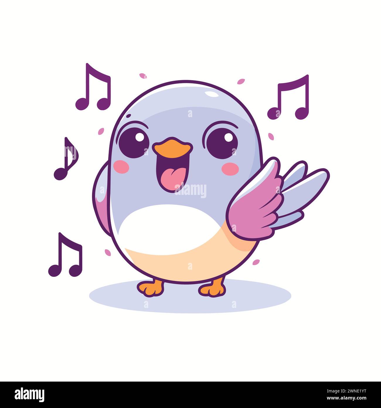 Cute kawaii bird with musical notes. Vector illustration Stock Vector