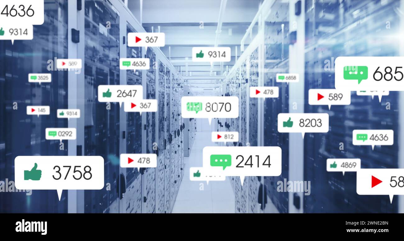 Image of social media icons and numbers on banners over computer ...
