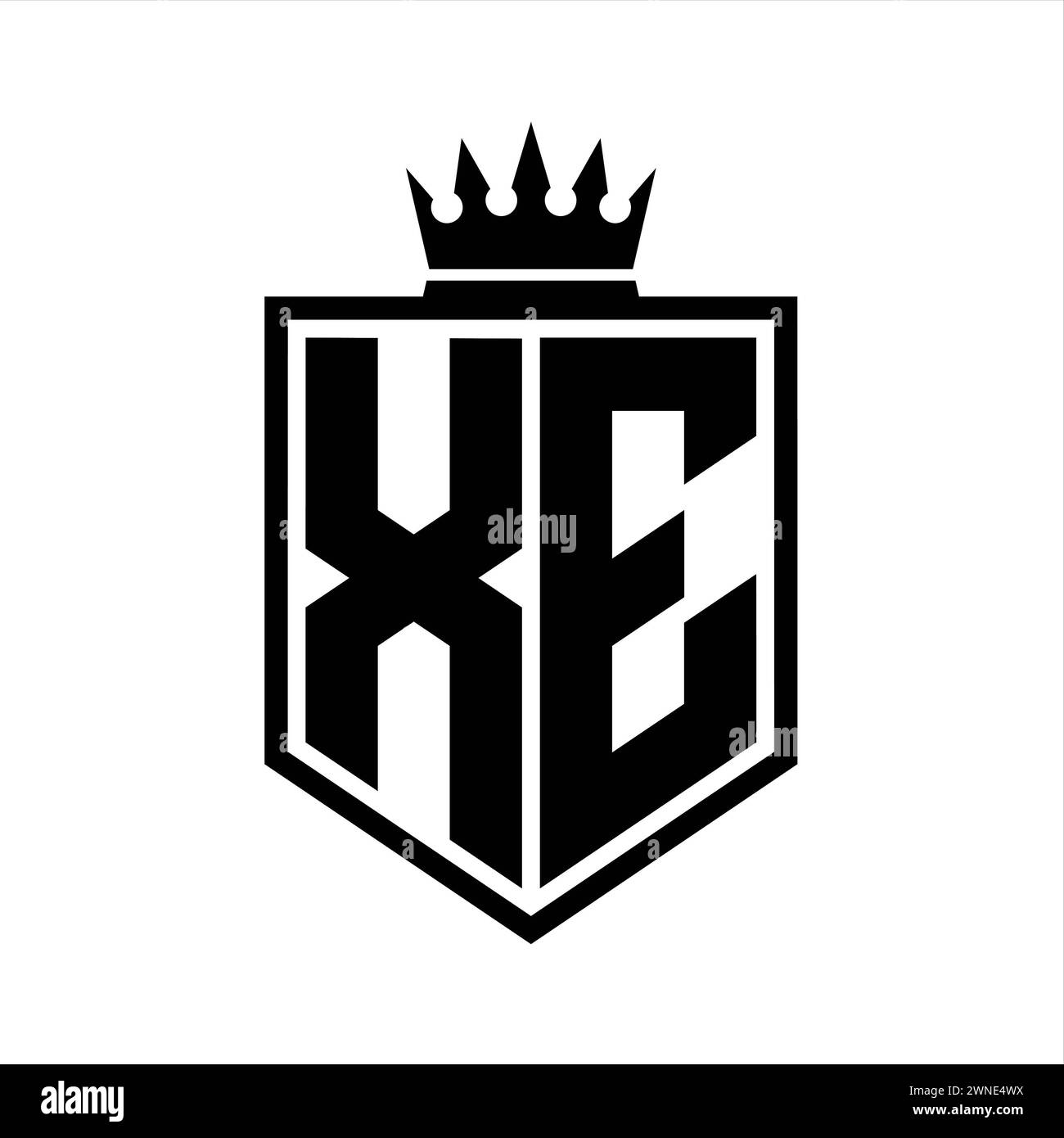 XE Letter Logo monogram bold shield geometric shape with crown outline ...