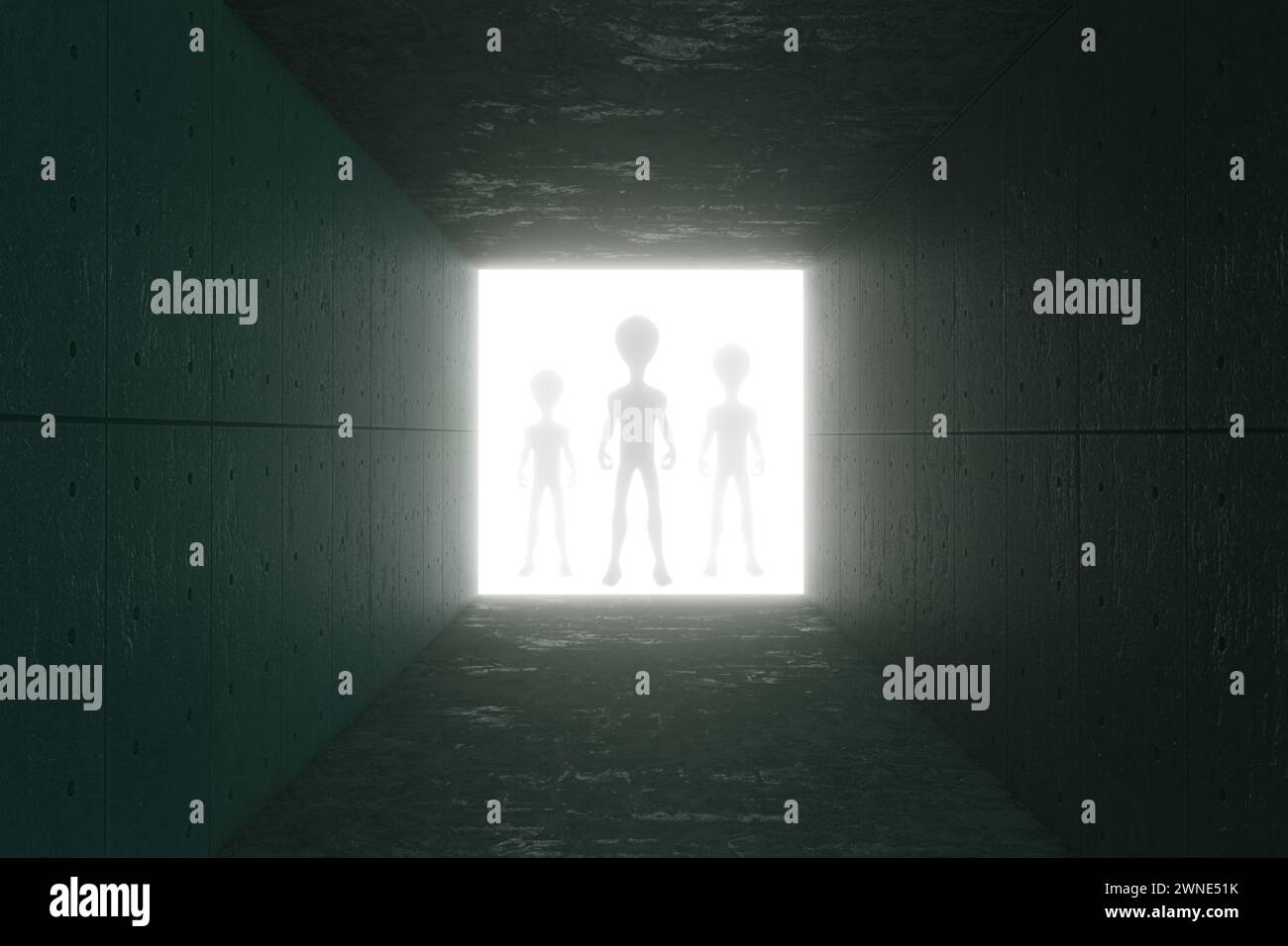 Silhouettes of aliens standing at the end of a tunnel made of concrete plates. Illustration of the concept of extraterrestrial life and creatures Stock Photo