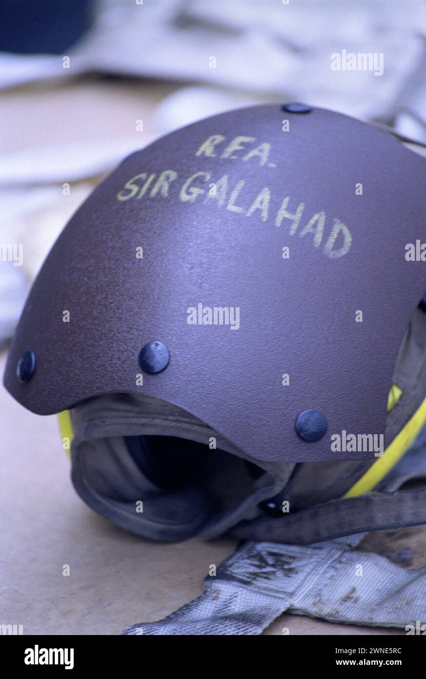 20th March 1991 A Royal Navy crew member's helmet on the RFA Sir Galahad in the Persian Gulf, in Kuwait. Stock Photo