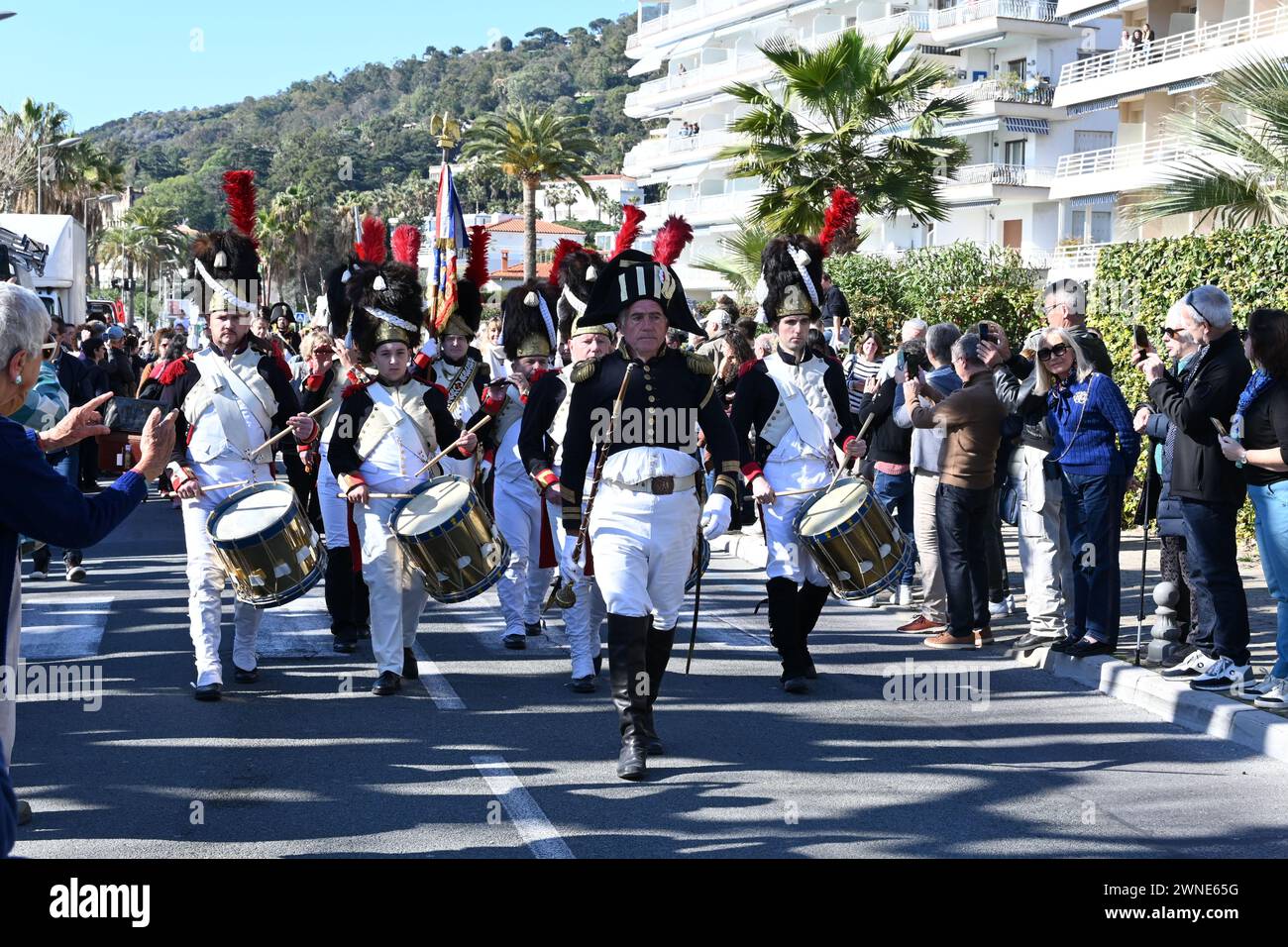 Vallauris Golfe-Juan Saturday March 2, 2024 France Cote D'Azur- Pablo Picasso Beach  Vallauris Golfe-Juan celebrates the landing of Napoleon on March 1, 1815 - Reenactment on the theme of the 2nd Italian campaign Landing of Napoleon with skiffs, pointed boats and sailboats,Large parade in the city center of 350 participants Stock Photo